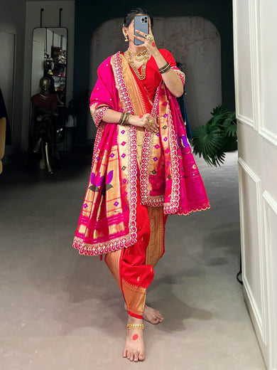 Lovely Red Weaving Nauvari Bridal Paithani Saree With Pink Dupatta